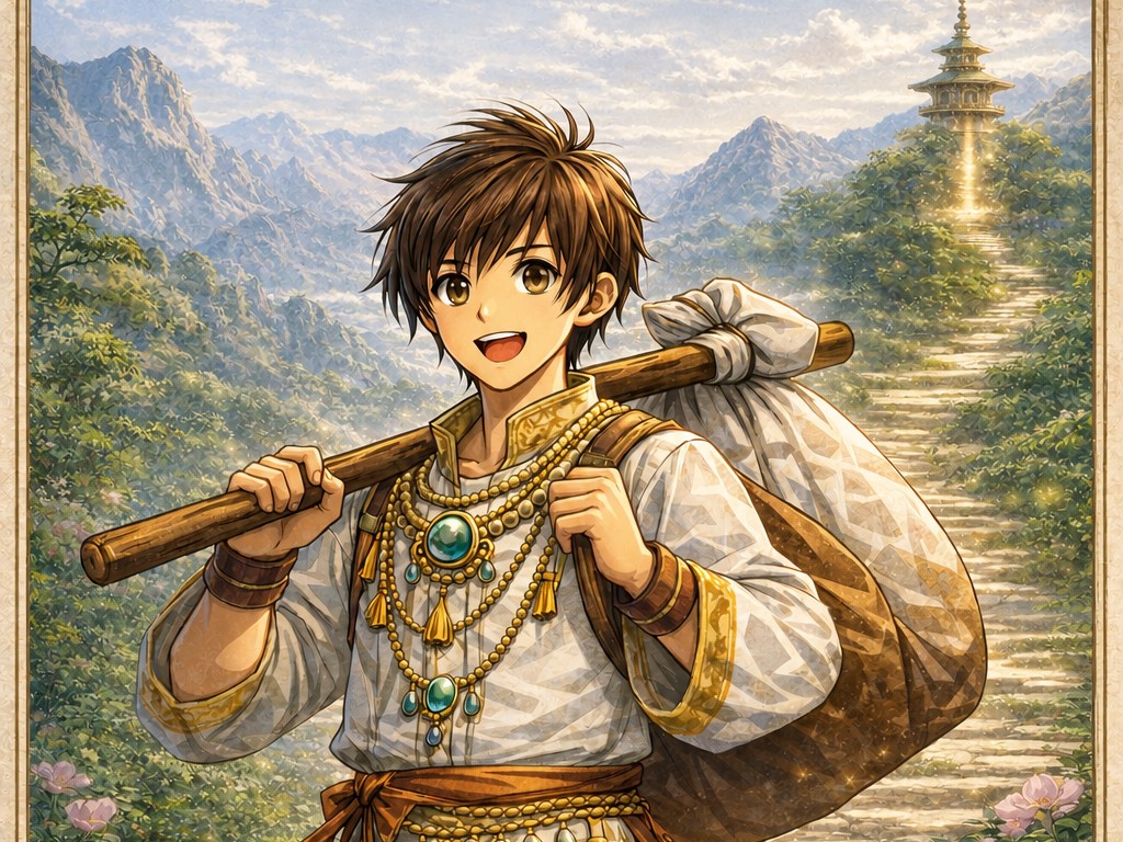 旅支度を整え、山々の向こうへ歩き出す善財くん